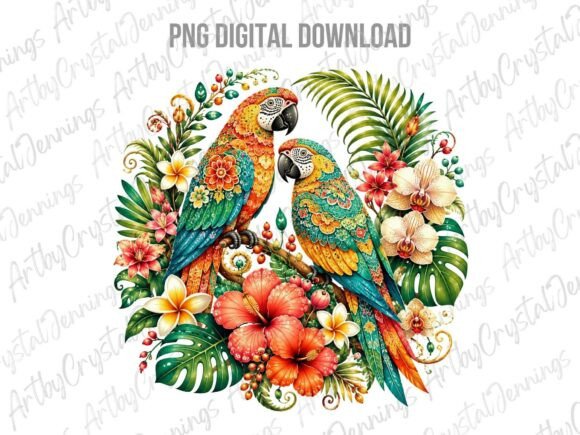 Download Tropical Parrots Floral Watercolor PNG - Floral Collection