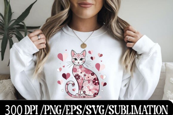 Download Floral Cat Design with Heart Accents - Floral Collection