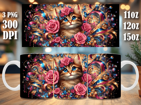 Download Floral Pink Rose Kitten Mug Wrap Design - Floral Collection