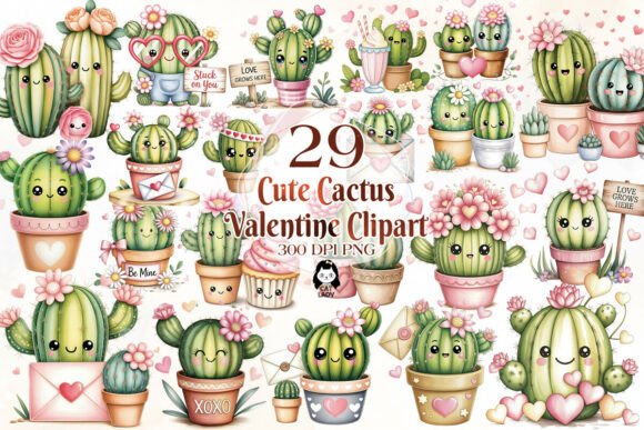 Download Cute Cactus Valentine Clipart Bundle - Cactus valentine Collection