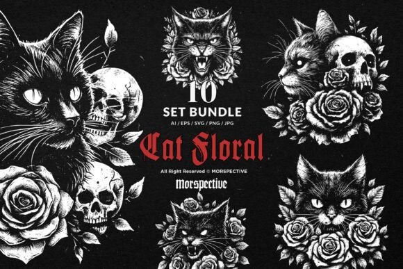 Download 10 Bundle Dark Art Cat Floral Rose - Floral Collection
