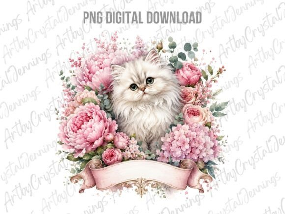 Download Cute Pink Floral Kitten Clipart PNG - Floral Collection