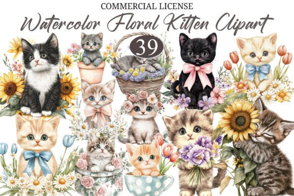 Download Watercolor Floral Kitten Clipart - Floral Collection