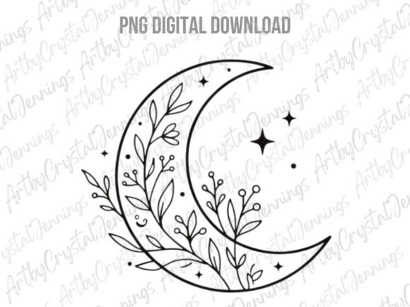 Download Floral Crescent Moon Line Art PNG - Floral Collection