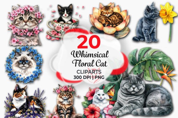 Download Whimsical Floral Cat Clipart Bundle - Floral Collection