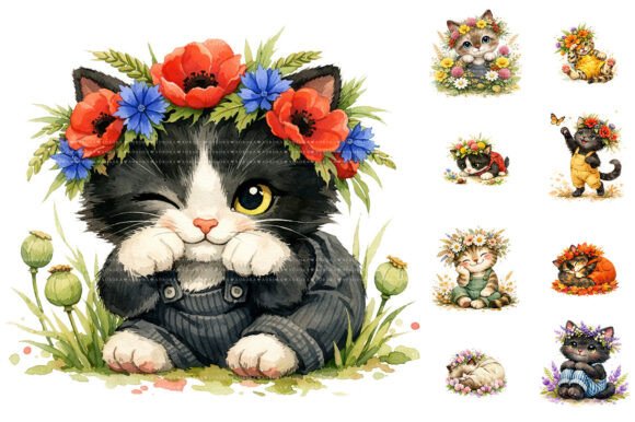 Download Watercolor Floral Kitten Clipart Bundle - Floral Collection
