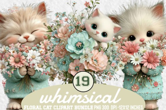Download Whimsical Floral Cat Clipart Bundle - Floral Collection
